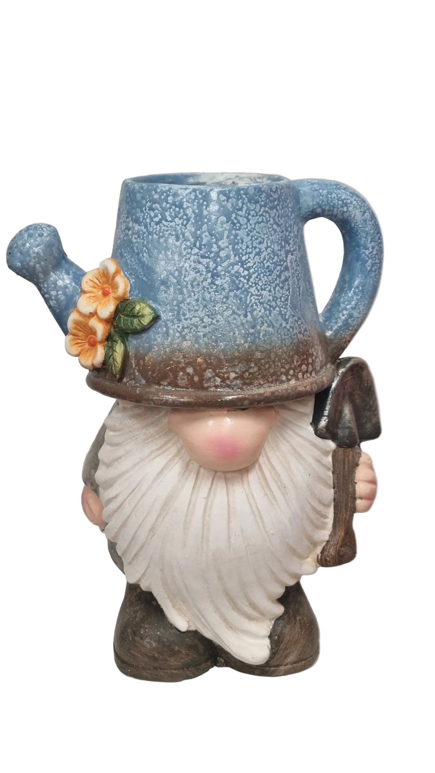 Statua gnomo da giardino con cappello annaffiatoio blu e fiore decorativo