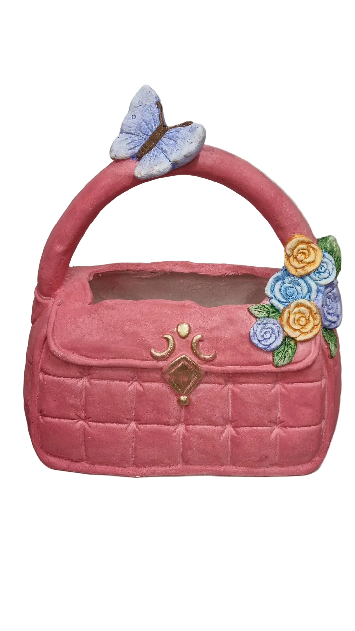 Vaso decorativo a forma di borsa rosa con farfalla e fiori, ideale per decorazioni casa giardino