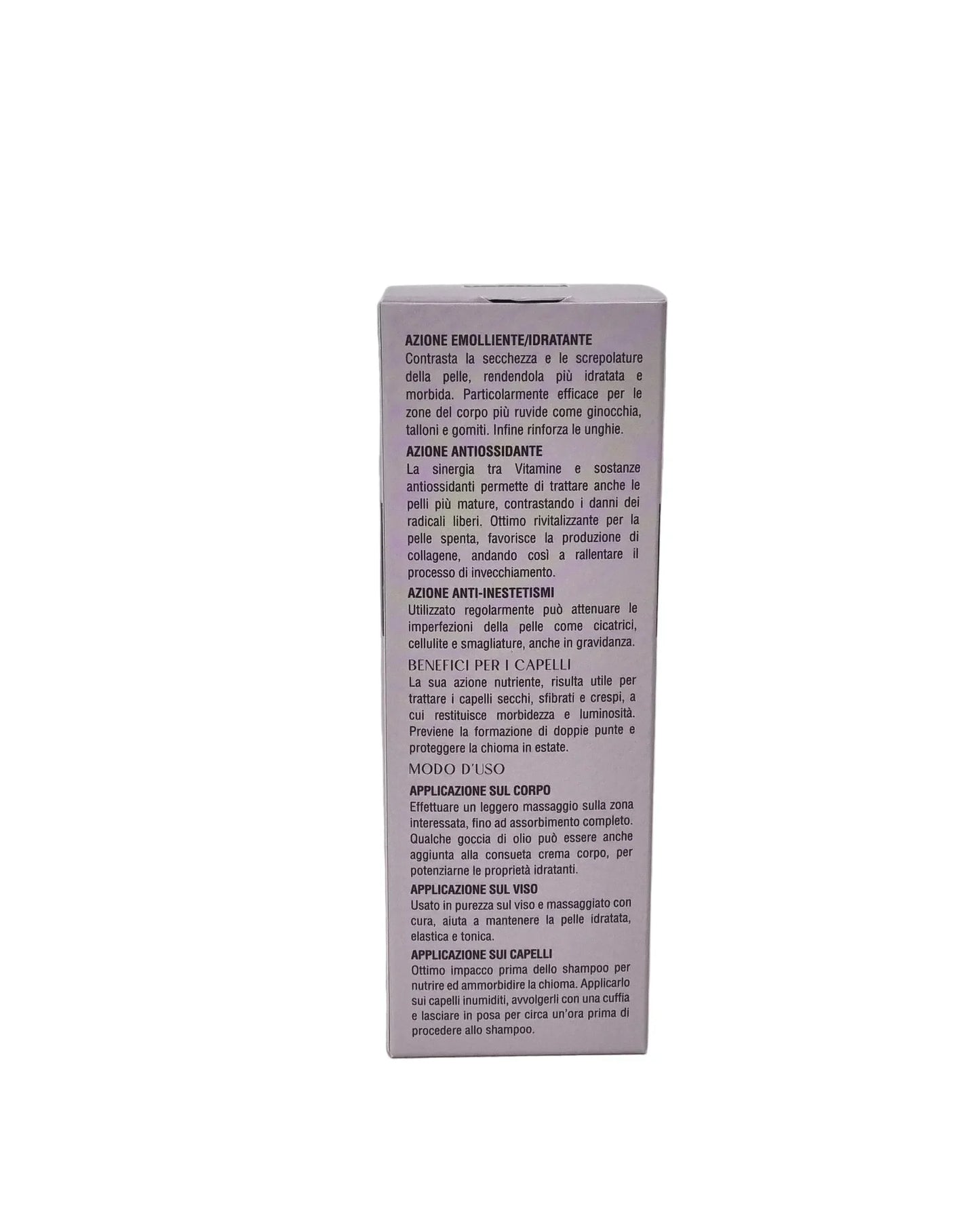 Confezione prodotto cosmetico con istruzioni uso corpo viso capelli, azione idratante antioxidante