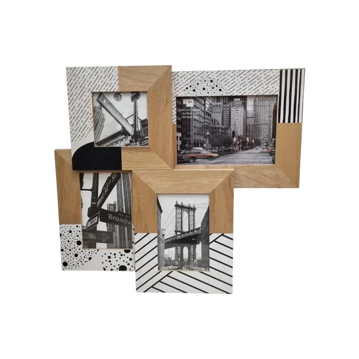 Portafoto in legno con design geometrico nero e bianco, ideale per decorazione casa e soggiorno