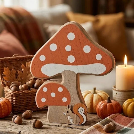 Funghi in Legno Decorativi Autunnali con Scoiattolo