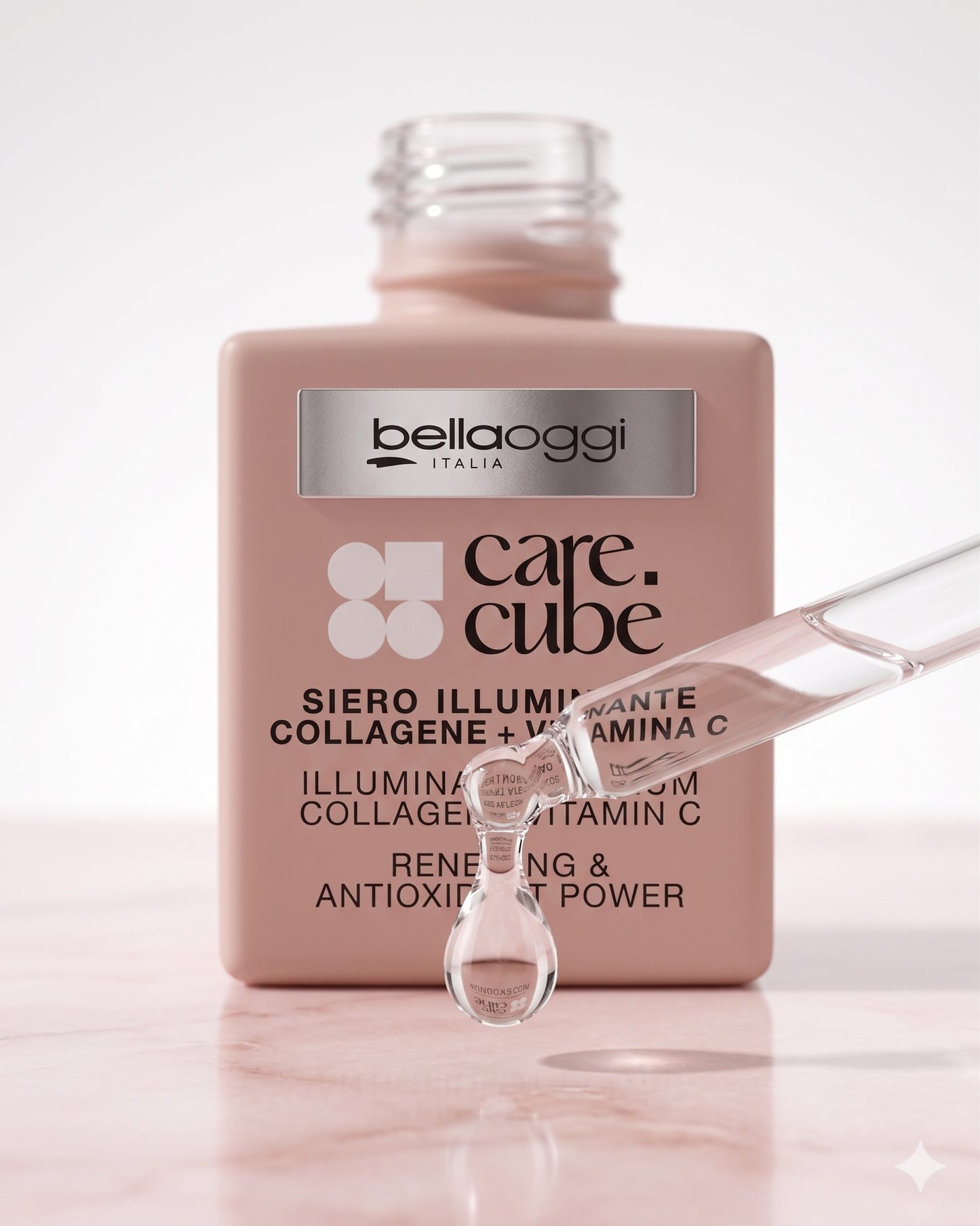 Siero illuminante con collagene e vitamina C Bellaoggi Italia, goccia di siero in pipetta