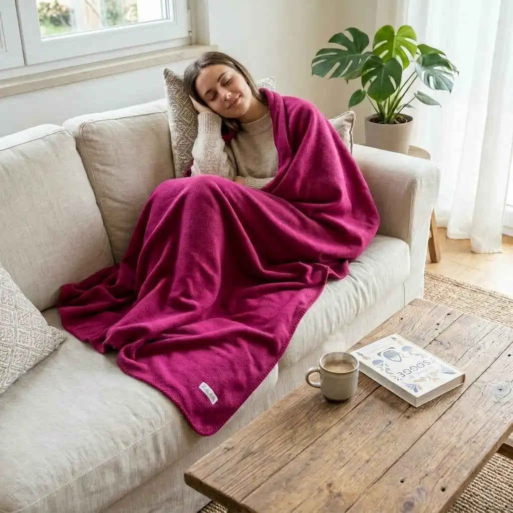 coperta matrimoniale color vinaccia su divano con ragazza