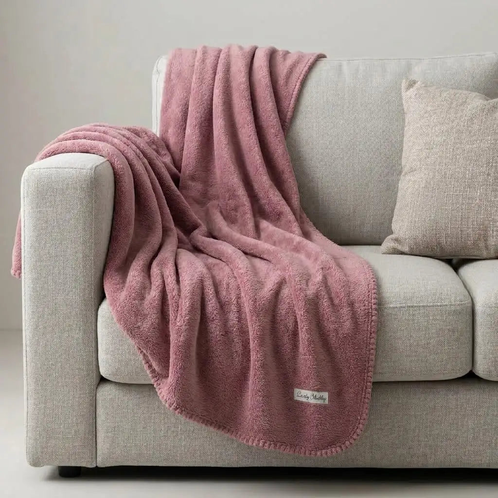 coperta matrimoniale rosa aperta sul divano