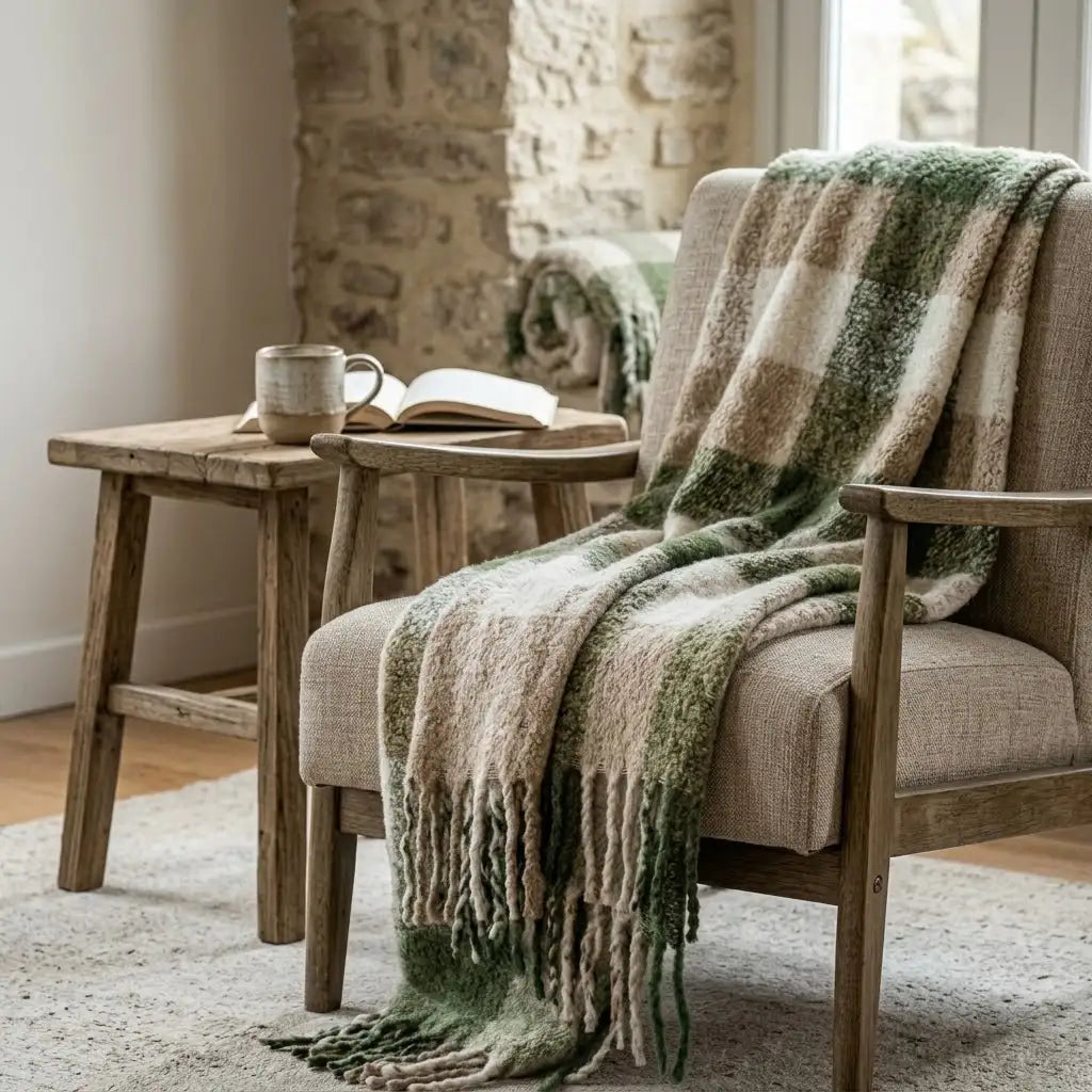 Plaid con frange 130 x 180 cm color sabbia e verde