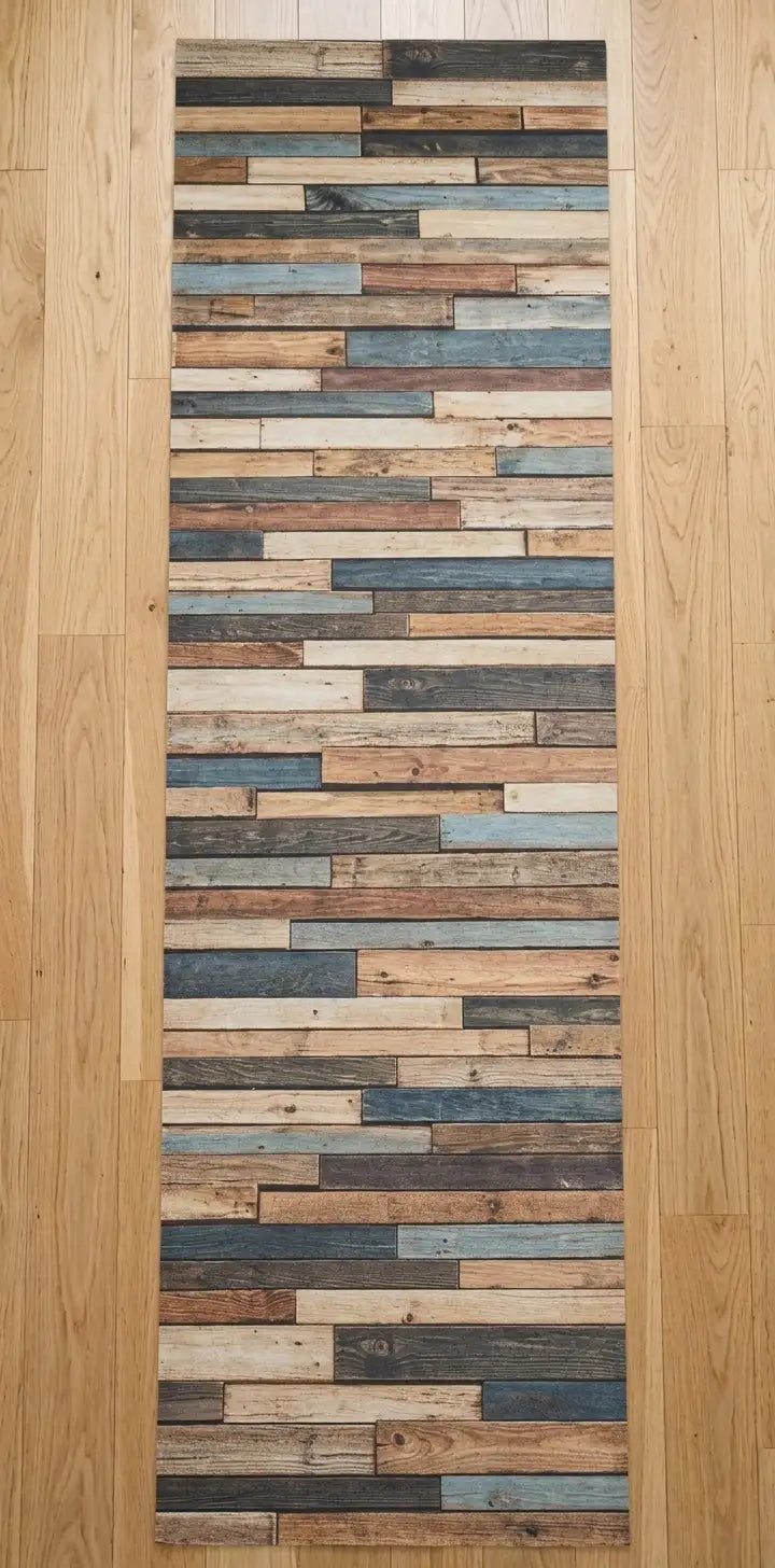Dettaglio del tappeto lavabile con fantasia parquet vintage