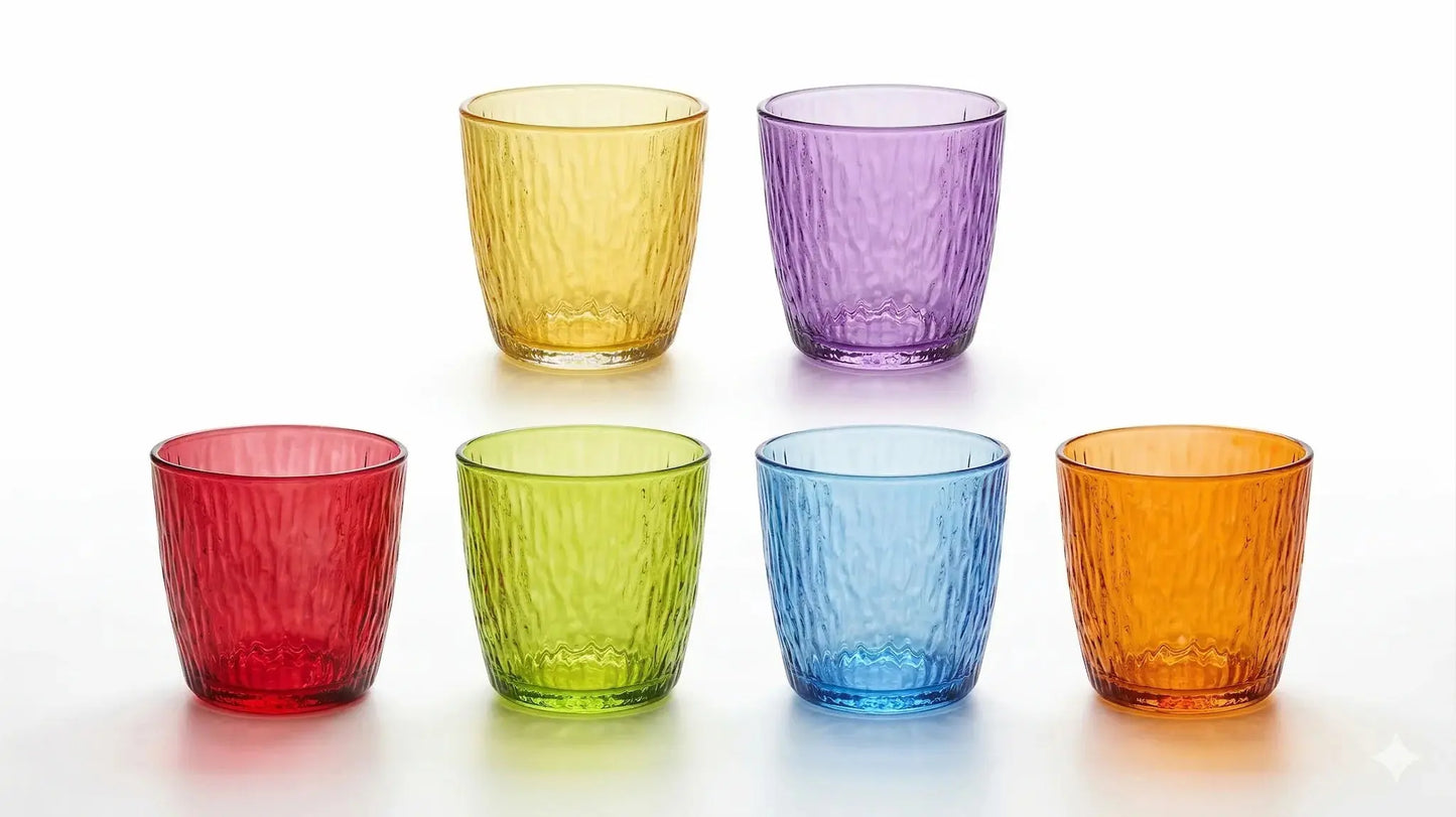 Set 6 bicchieri colorati Frosty 300cc in vetro decorato. 6 colori assortiti, solo lavaggio a mano