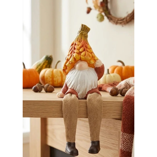 Gnomo di Ceramica Autunnale Seduto con Cappello a Spiga – H 12 cm