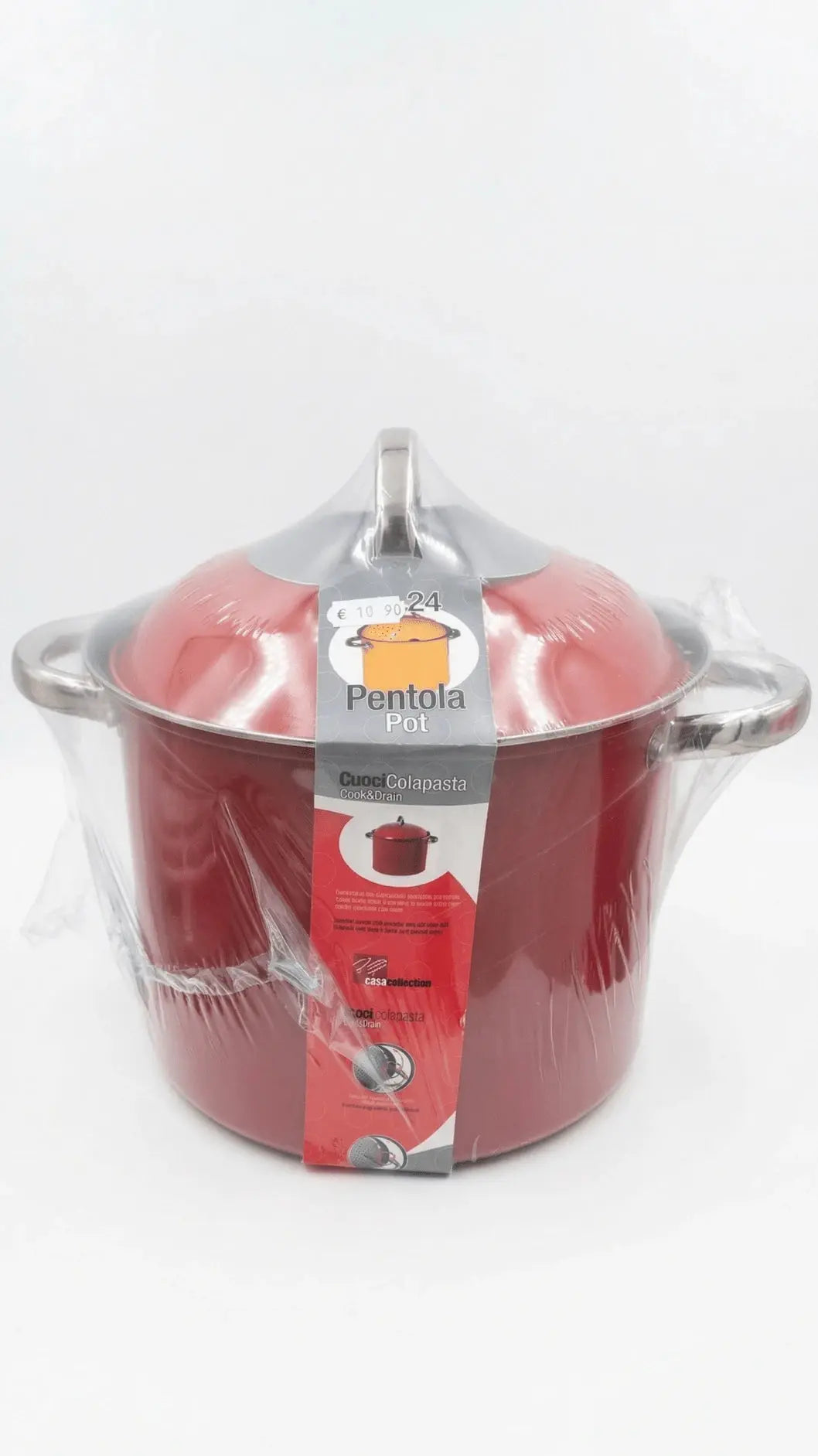 Pentola colapasta rossa da 24 cm con coperchio forato scolatutto. Versatile e funzionale, ideale per pasta e verdure.