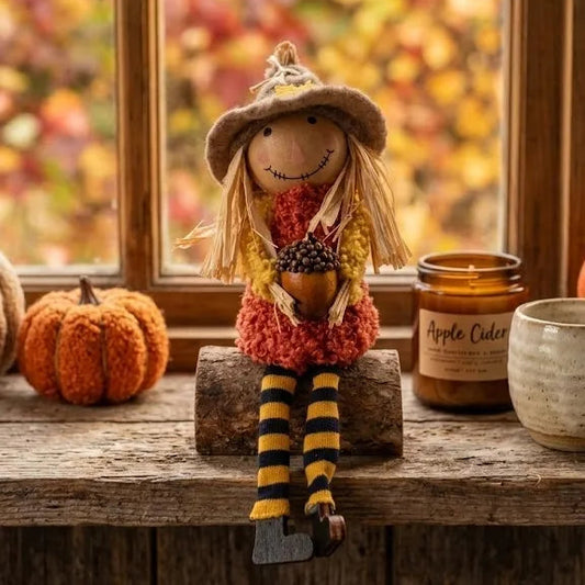 Spaventapasseri Decorativo Autunnale in Legno Gonna Arancione – 15x7x5 cm