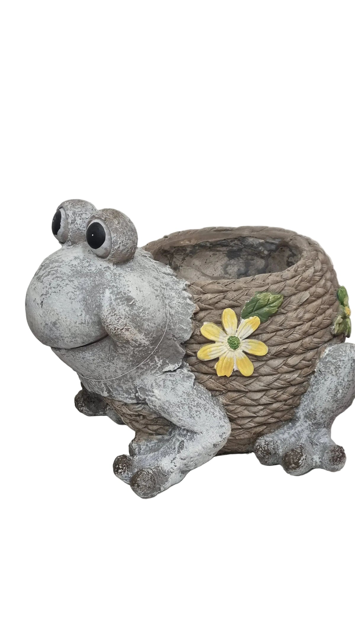 fioriera decorativa a forma di rana con intreccio in corda e fiore giallo, per casa o giardino