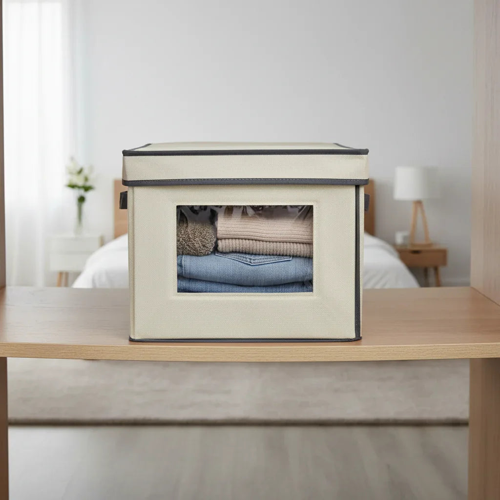Contenitore Portaoggetti Beige con Finestra Trasparente - Scatola Organizer a Vista - Punto Casa
