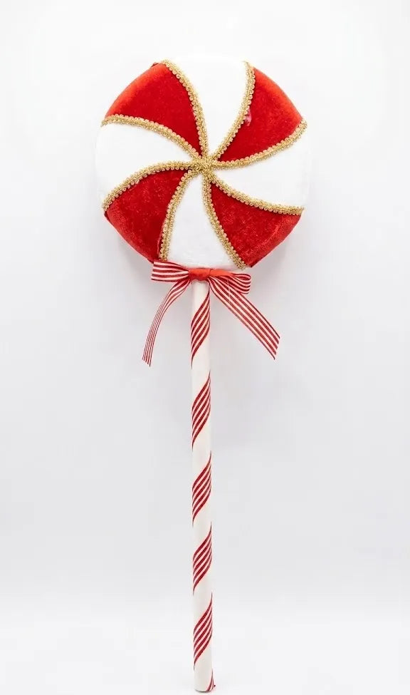 Leccalecca decorativo natalizio XXL rosso e bianco con perline dorate e bastone a righe, 57 cm