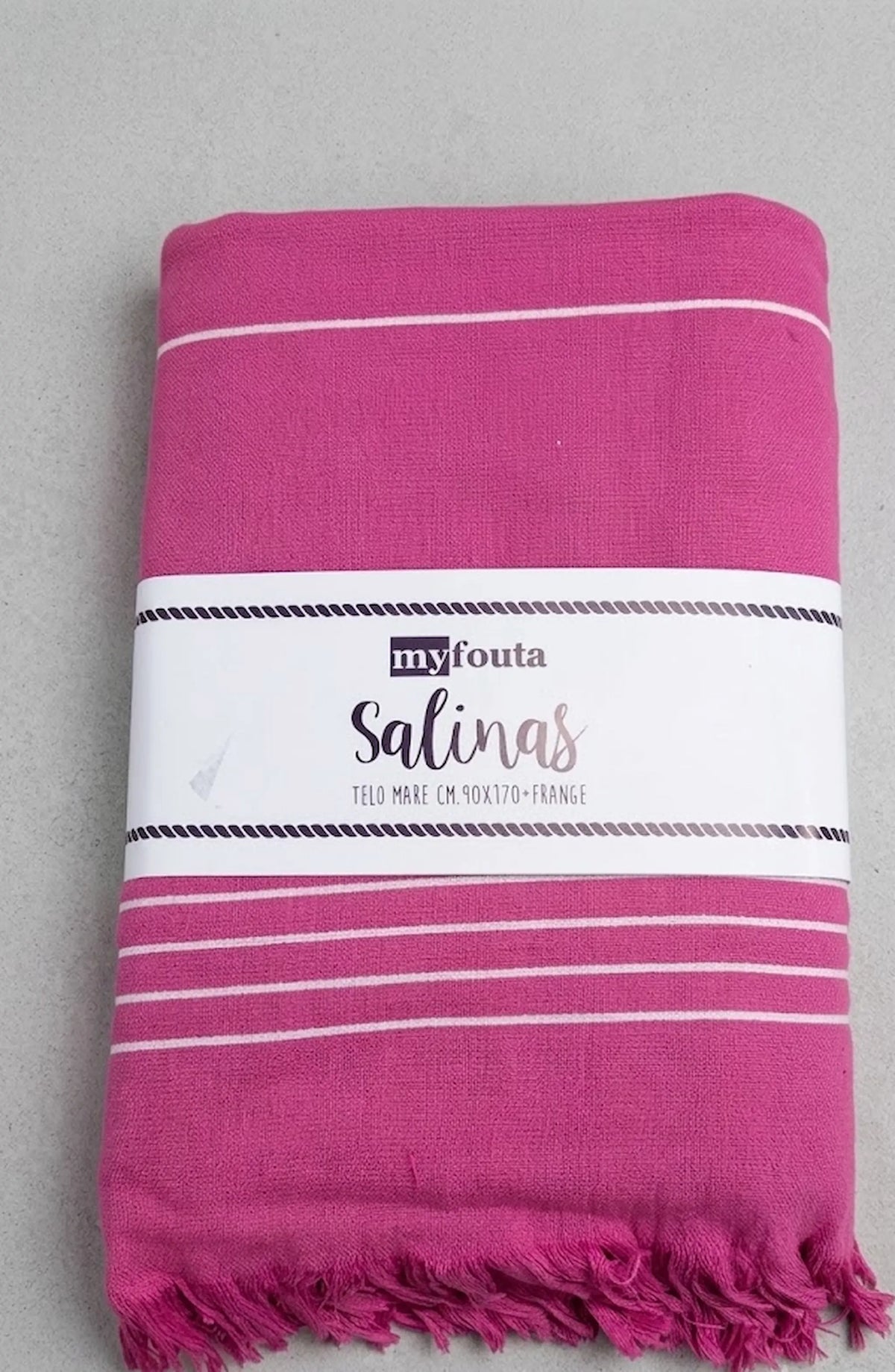 Telo mare fouta Salinas fucsia con strisce bianche 90x170 cm con frange – 95% cotone