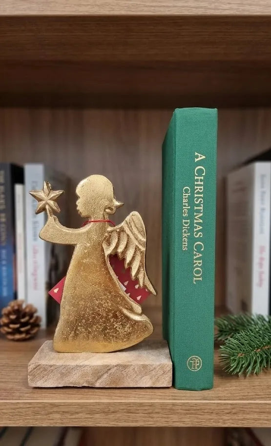 Angelo in Alluminio Oro 16 cm con Base in Legno – Statuina Natalizia Elegante