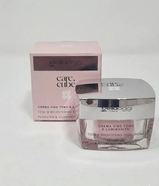 Crema viso tono e luminosità Bellaoggi Care Cube, illuminante e rimpolpante, con confezione rosa