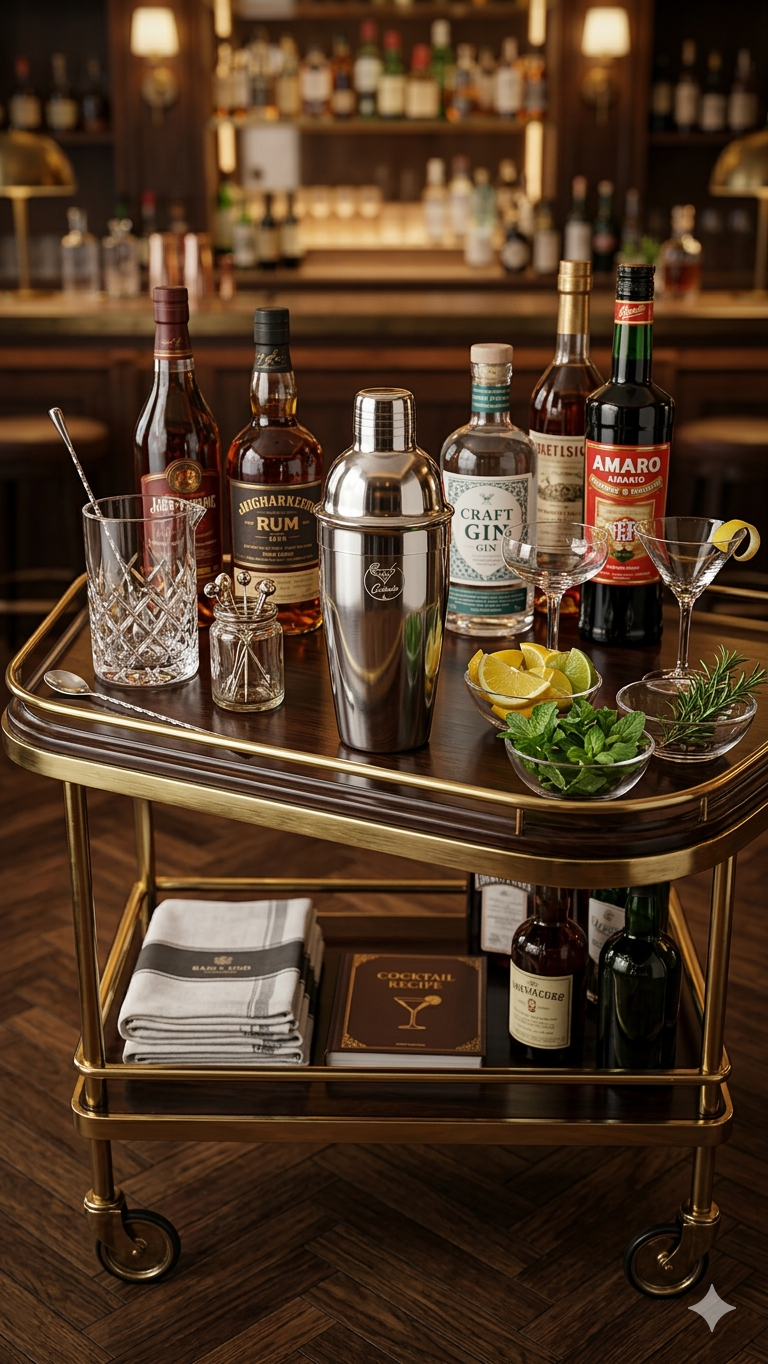 Carrello bar elegante con shaker, bottiglie di liquore, bicchieri e ingredienti per cocktail in stile vintage