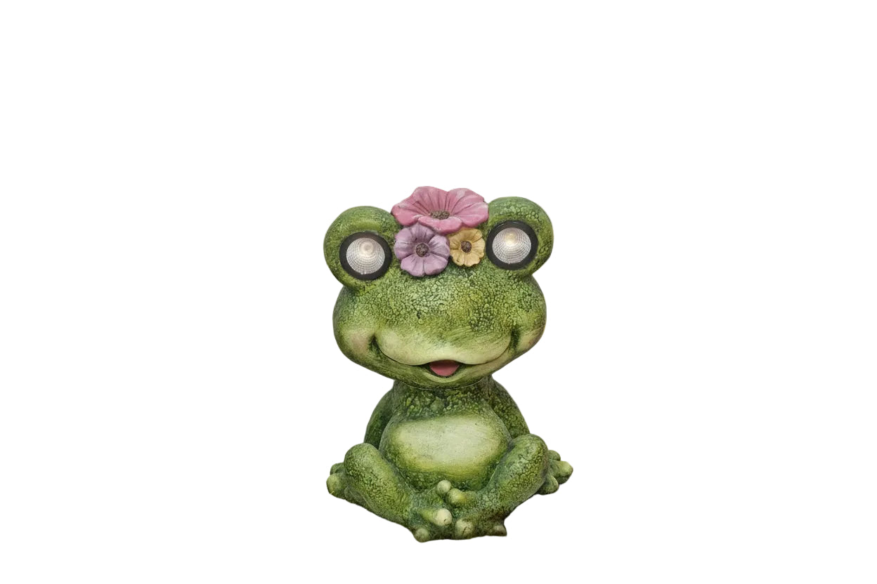 Statua rana verde decorativa con occhi luminosi e fiori colorati sulla testa, decoro casa