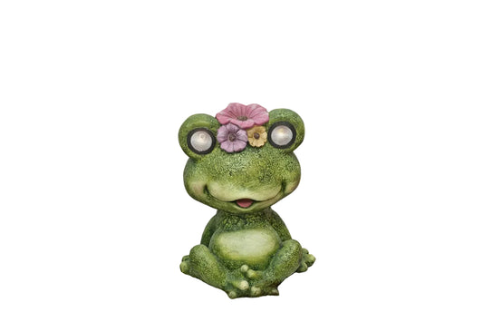 Statua rana verde decorativa con occhi luminosi e fiori colorati sulla testa, decoro casa