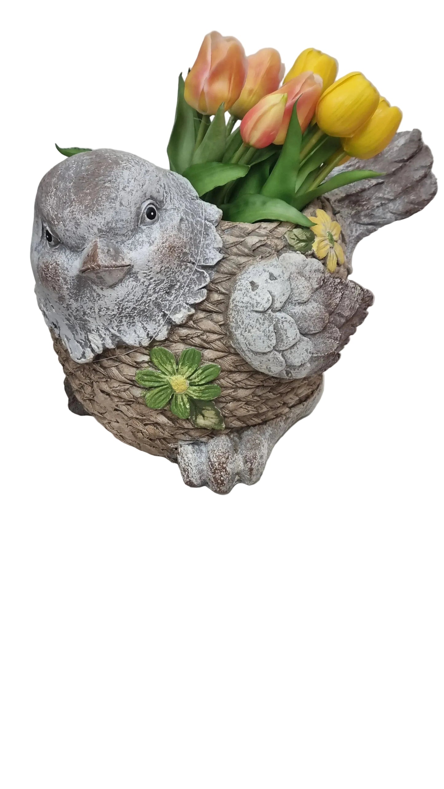 Vaso decorativo a forma di uccello con tulipani gialli e arancioni, fiori artificiali