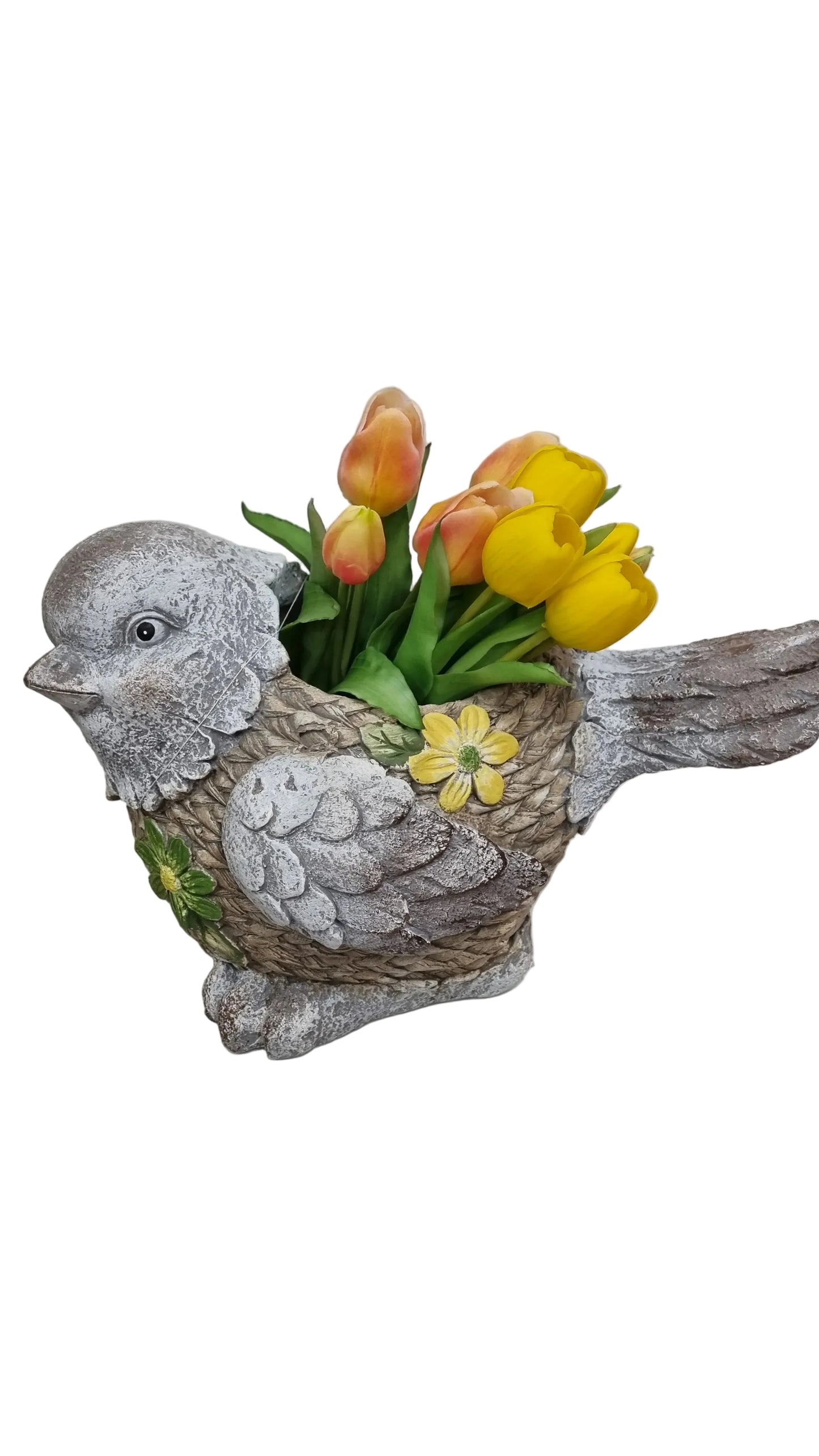 Vaso decorativo a forma di uccello con tulipani gialli e arancioni artificiali