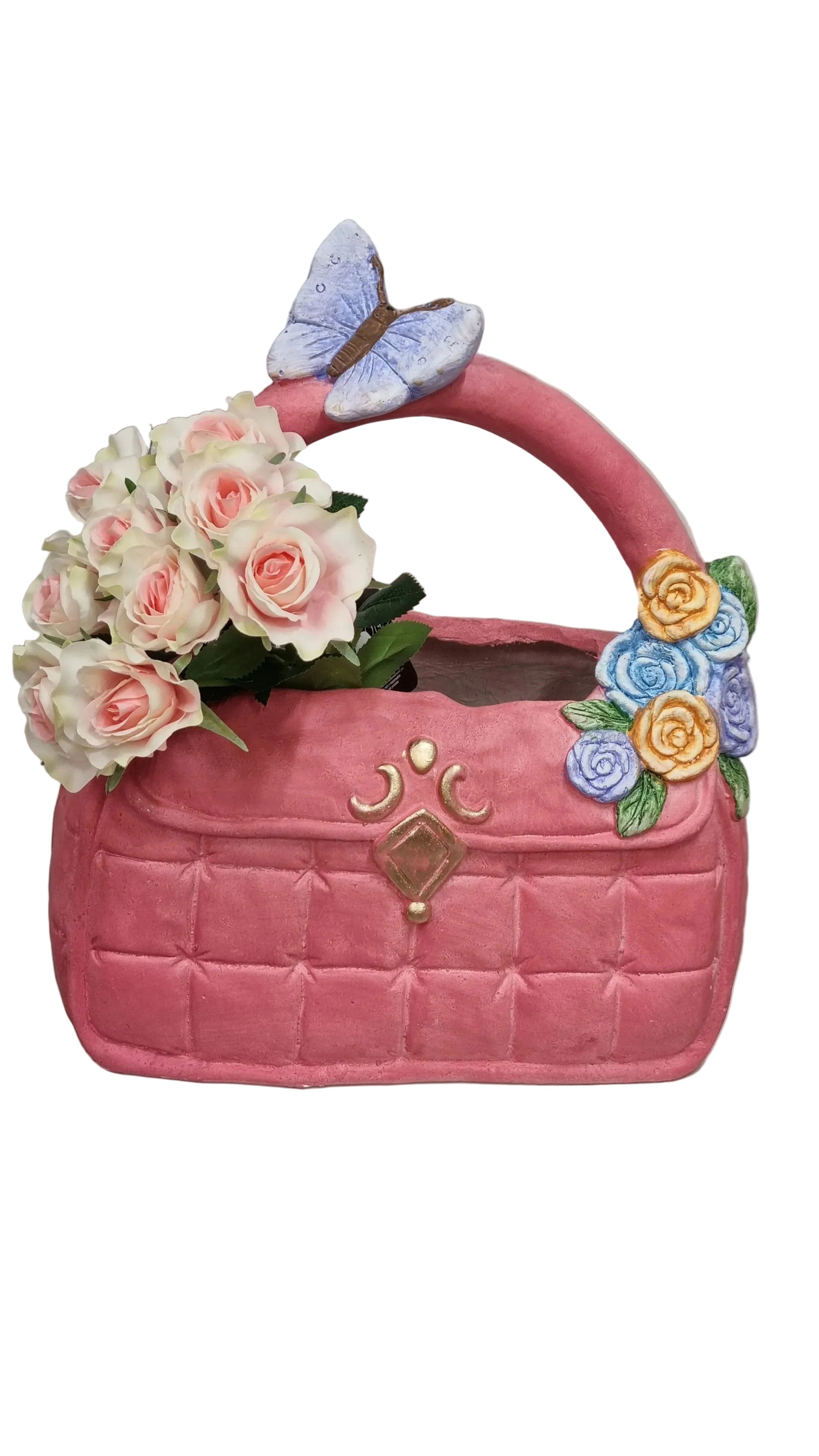 Borsa decorativa rosa con rose e farfalla, ideale per decorazioni casa o giardino