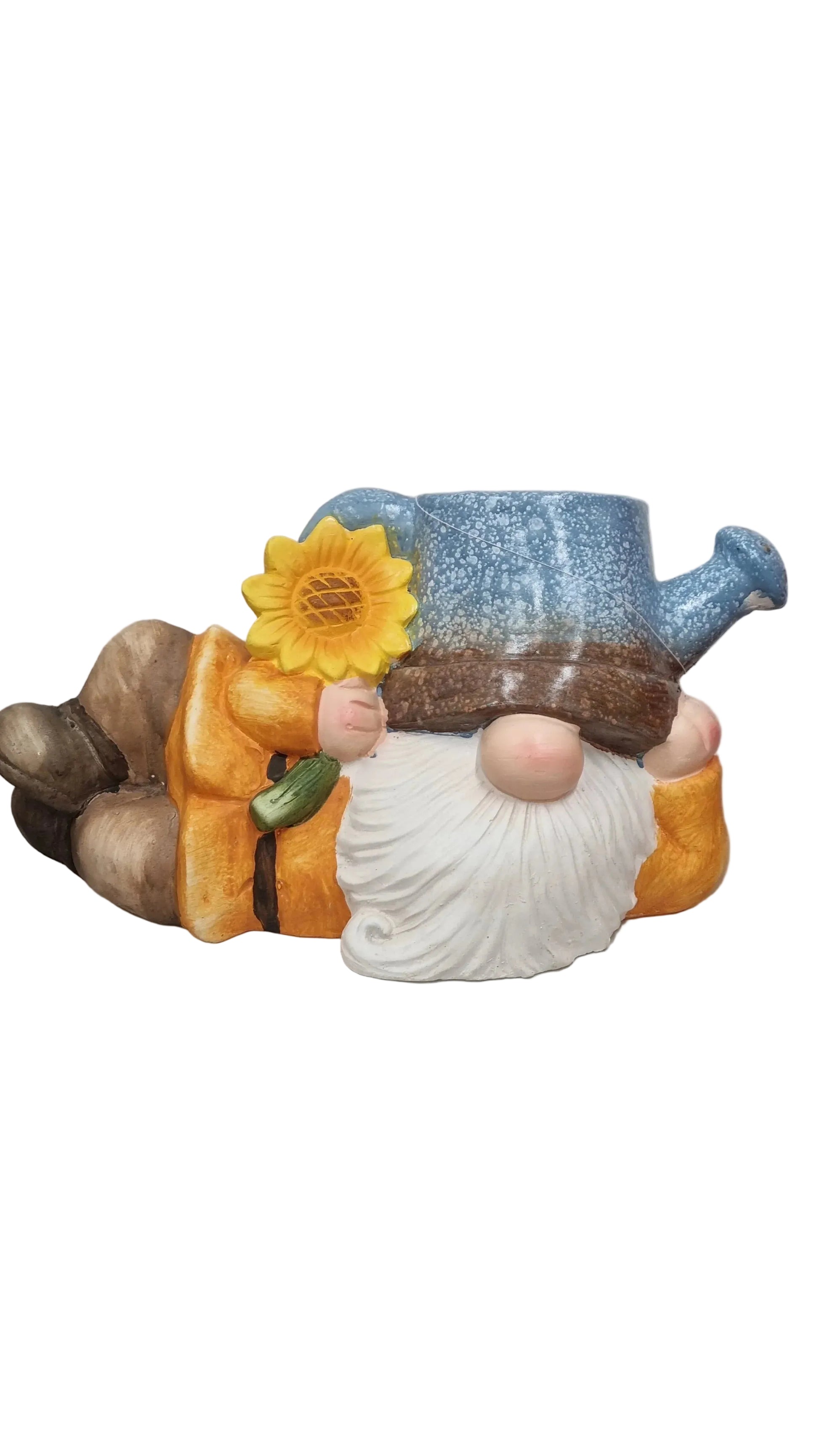 Gnomi da giardino con cappello annaffiatoio e girasole, decorazioni esterne colorate