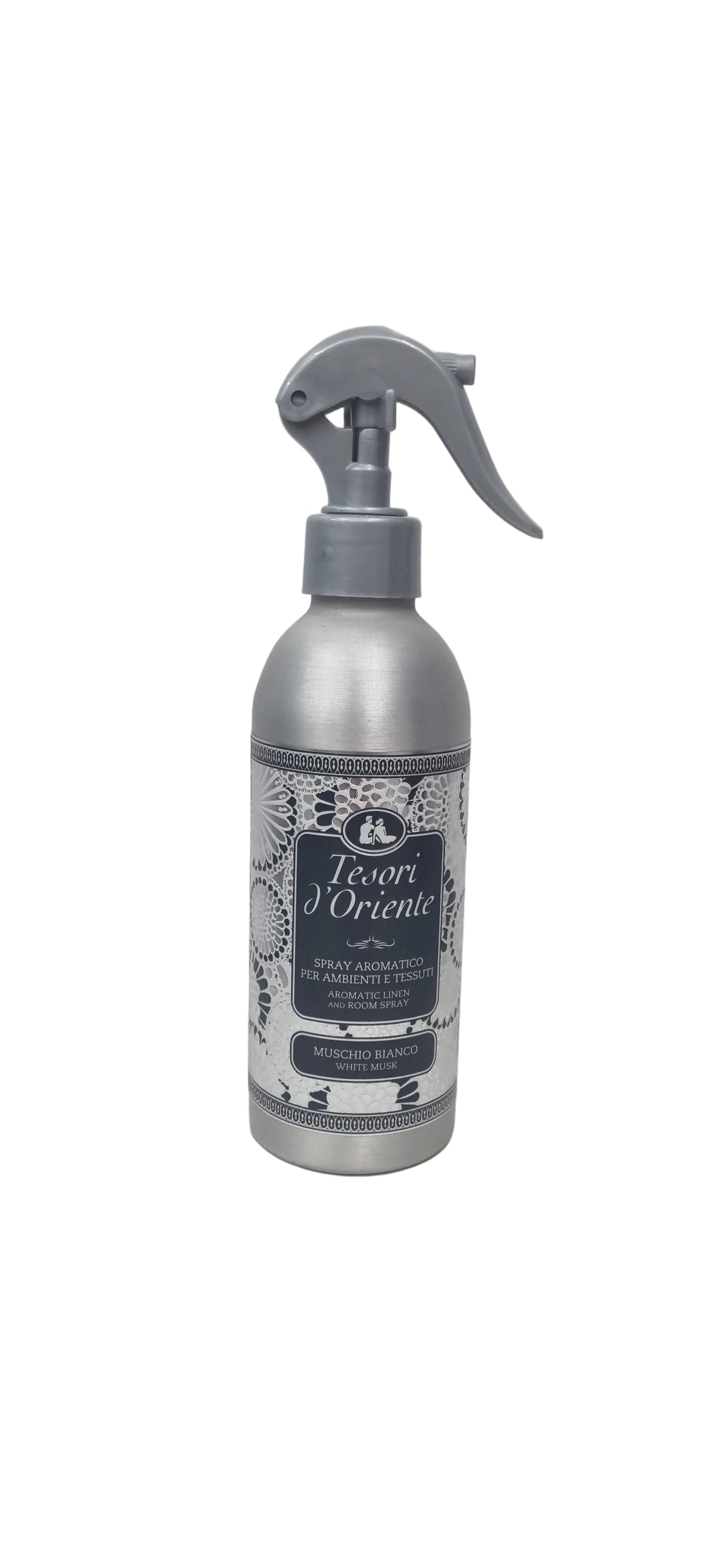 Spray aromatico Tesori d'Oriente Muschio Bianco per ambienti e tessuti, design elegante con etichetta floreale