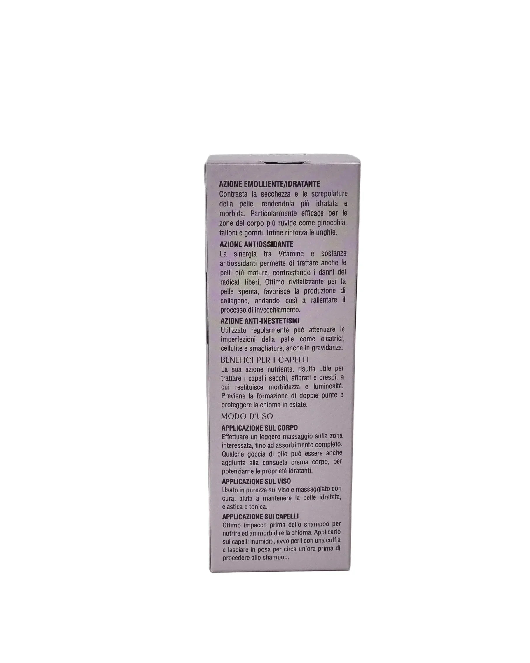 Confezione prodotto cosmetico con istruzioni uso corpo viso capelli, azione idratante antioxidante