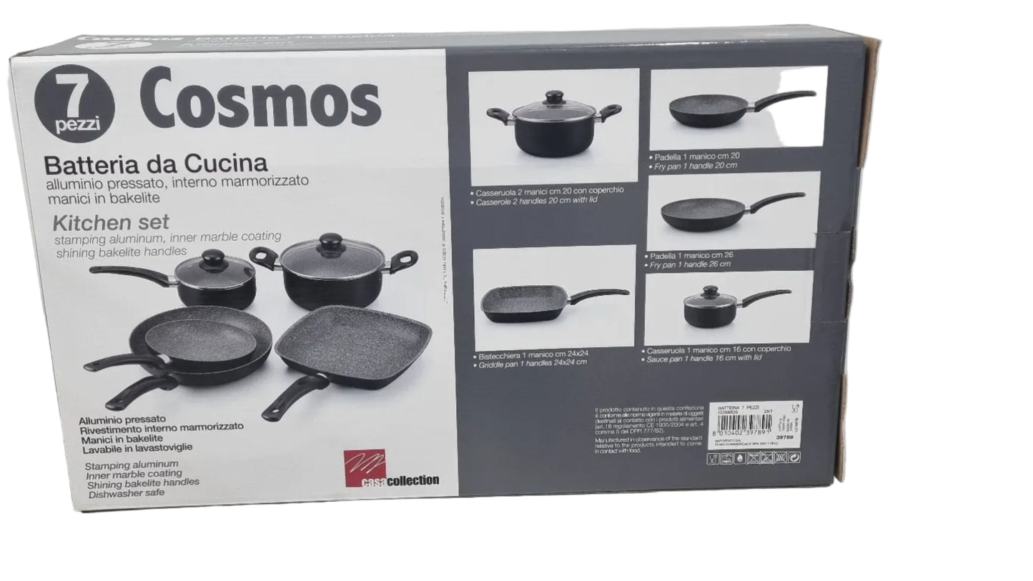Batteria da cucina Cosmos 7 pezzi in alluminio con rivestimento marmorizzato e manici in bakelite