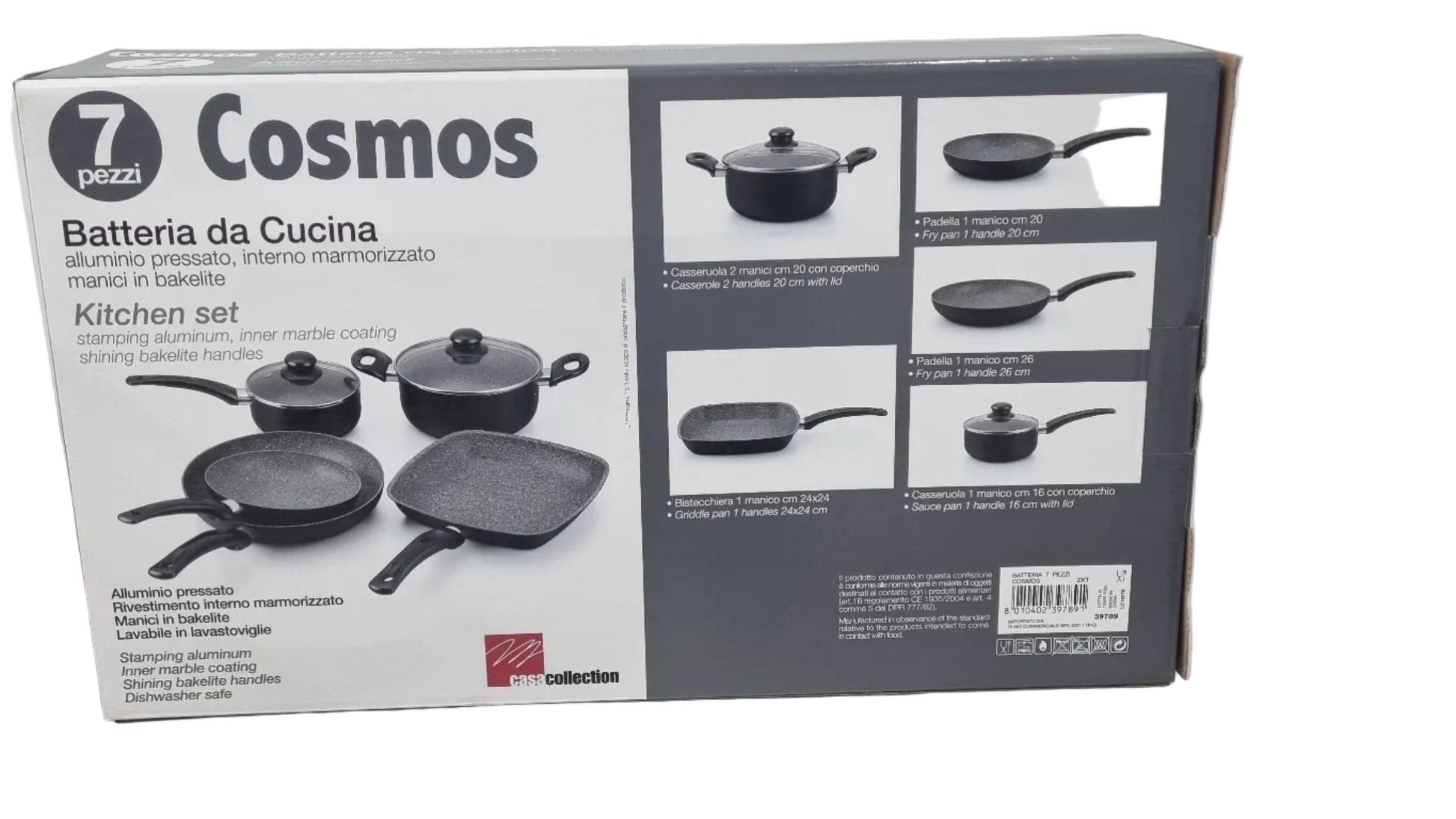 Batteria da cucina Cosmos 7 pezzi in alluminio con rivestimento marmorizzato e manici in bakelite