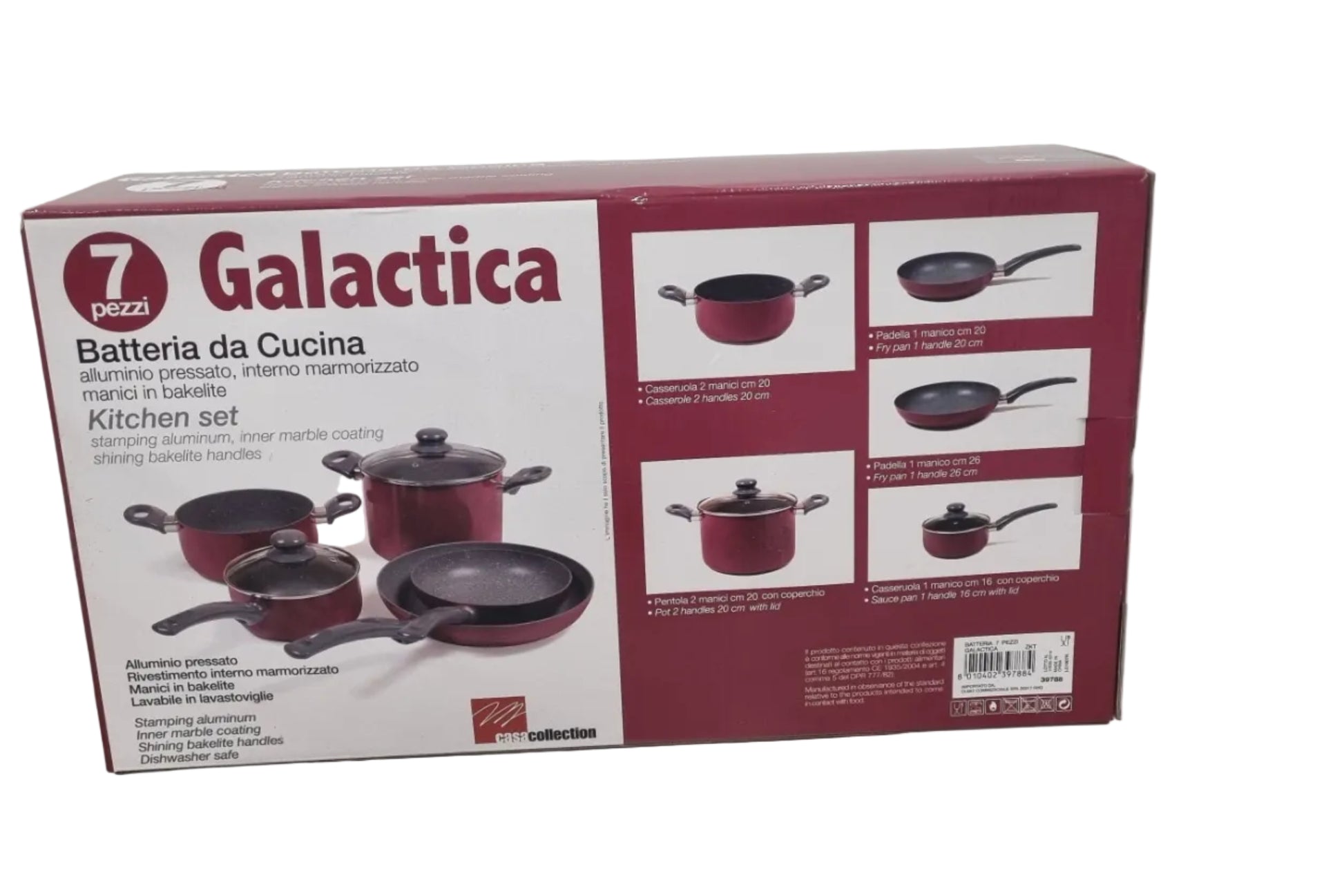 Batteria da cucina Galactica 7 pezzi in alluminio con manici in bakelite, rivestimento marmorizzato, lavabile in lavastoviglie