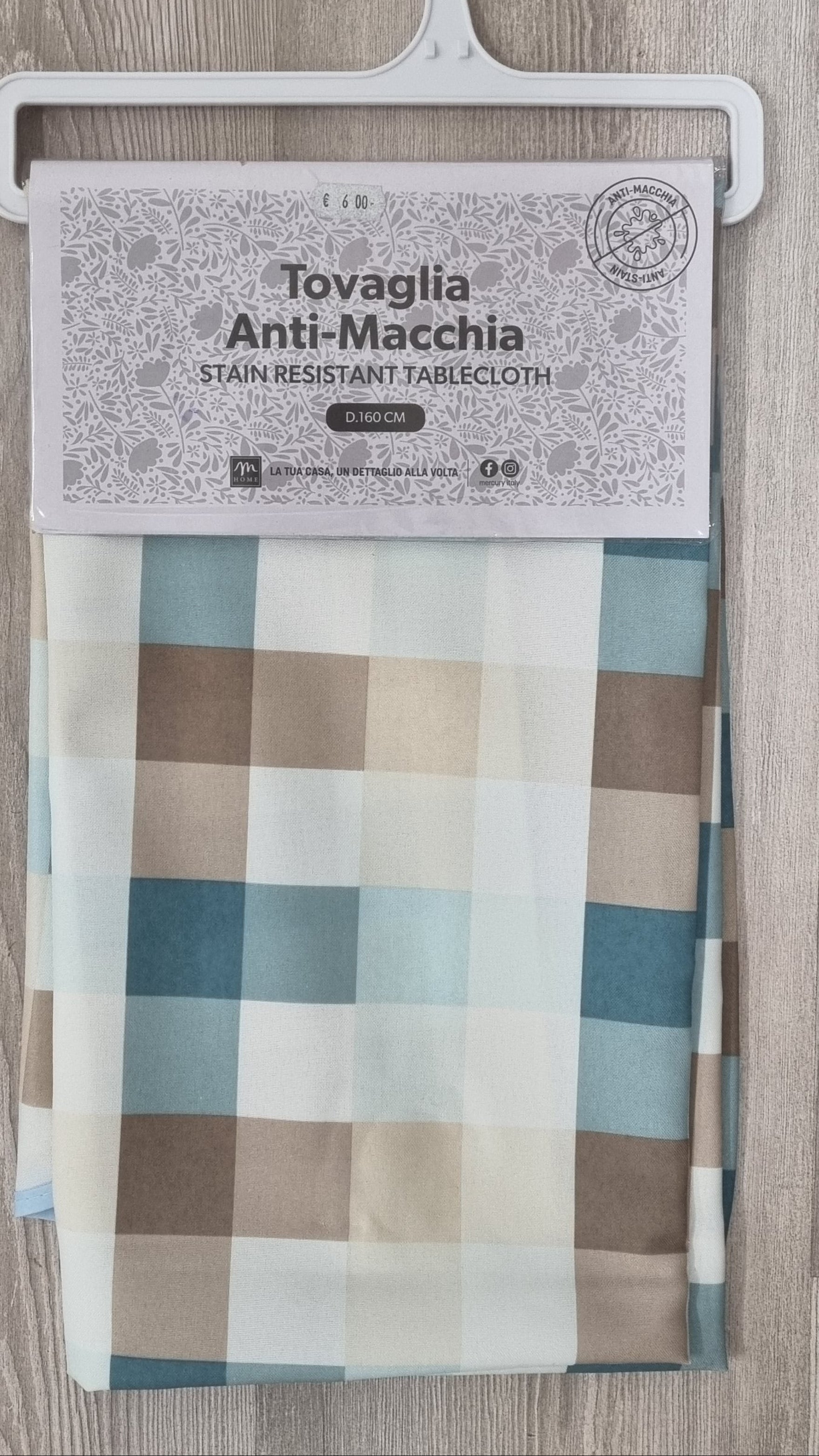 Tovaglia anti-macchia a quadri blu e beige, 160 cm, ideale per cucina e tavola