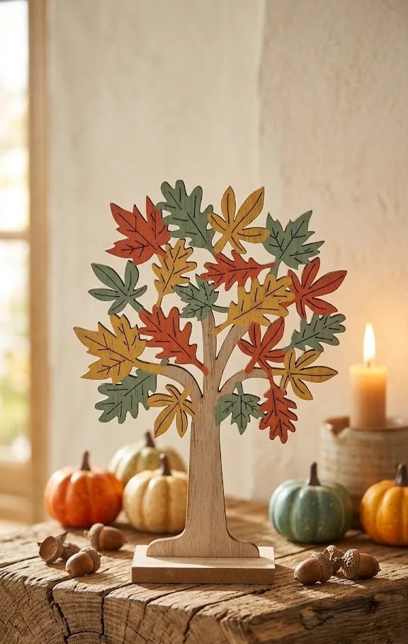 Albero in Legno Decorativo Autunnale con Foglie Colorate – H 21 cm