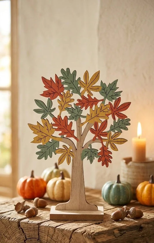 Albero in Legno Decorativo Autunnale con Foglie Colorate – H 21 cm