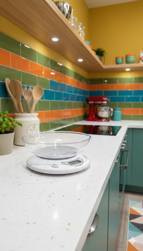 Bilancia da cucina digitale con ciotola trasparente su piano bianco, sfondo piastrelle colorate