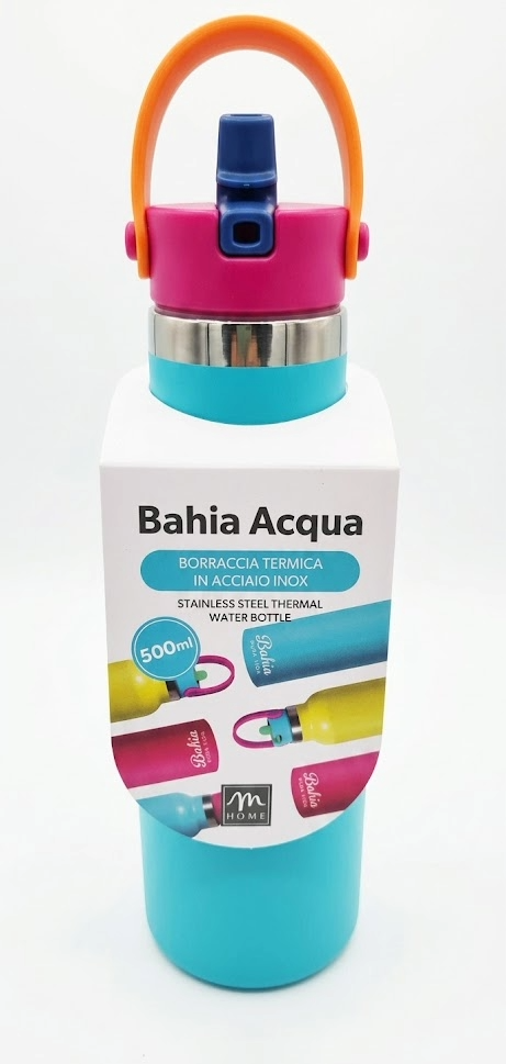 Borraccia termica in acciaio inox Bahia Acqua 500ml, colore turchese con manico arancione