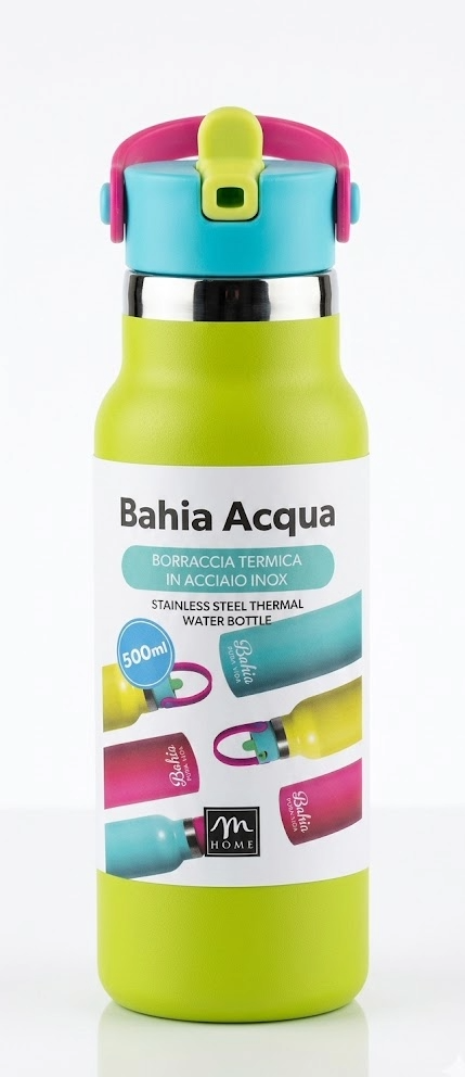 Borraccia termica in acciaio inox Bahia Acqua 500ml, color verde lime con tappo blu e rosa