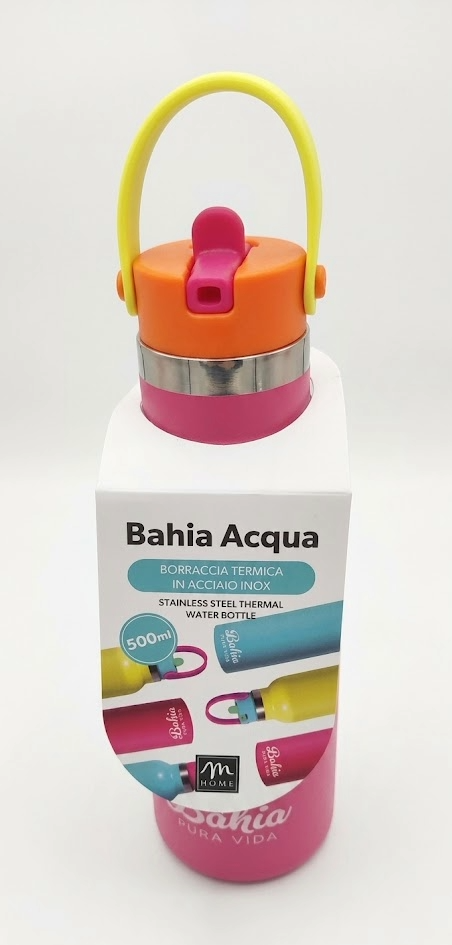 Borraccia termica in acciaio inox 500ml Bahia Acqua, colore rosa e arancione con maniglia gialla