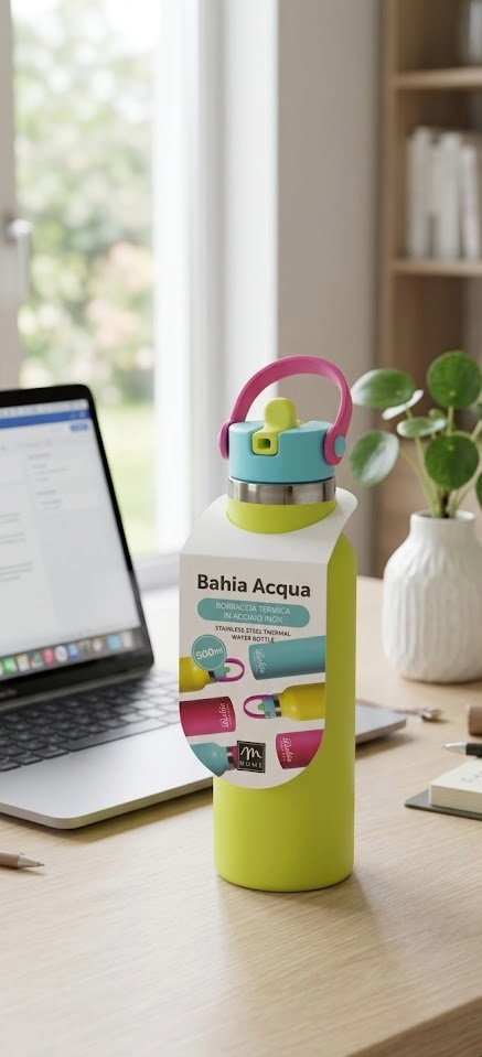 Borraccia termica Bahia Acqua in acciaio inox 500ml, colore verde lime con tappo colorato, ideale per ufficio o scuola.