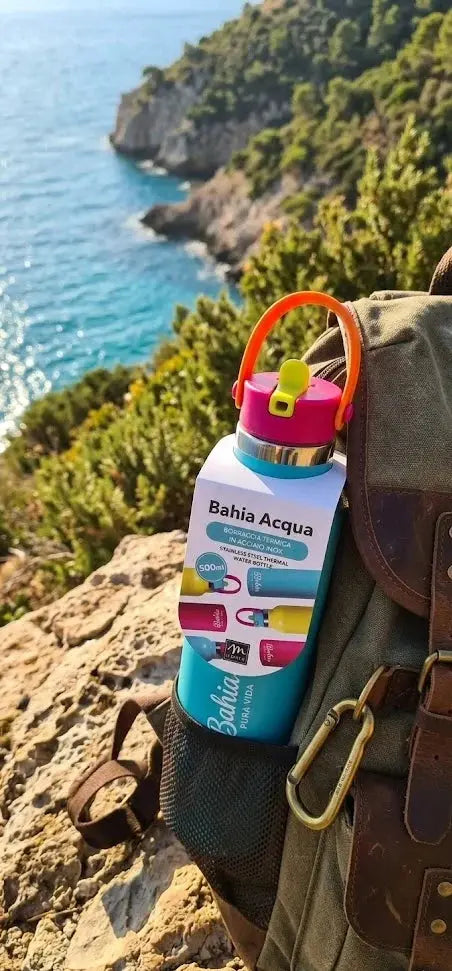 Borraccia termica in acciaio inox Bahia Acqua 500ml, colore turchese con manico arancione