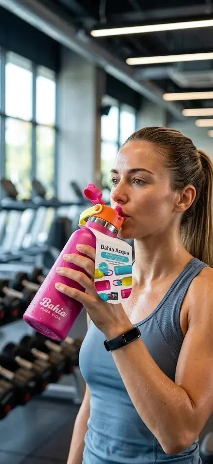 Borraccia termica in acciaio inox 500ml Bahia Acqua, colore rosa e arancione con maniglia gialla