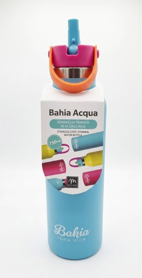 Borraccia termica in acciaio inox Bahia Acqua 750ml, colore azzurro con tappo colorato, ideale per attività all'aperto.