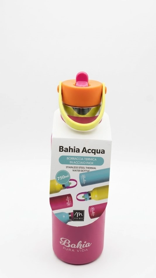 Borraccia termica in acciaio inox Bahia Acqua 750ml, colore rosa con tappo arancione e maniglia gialla