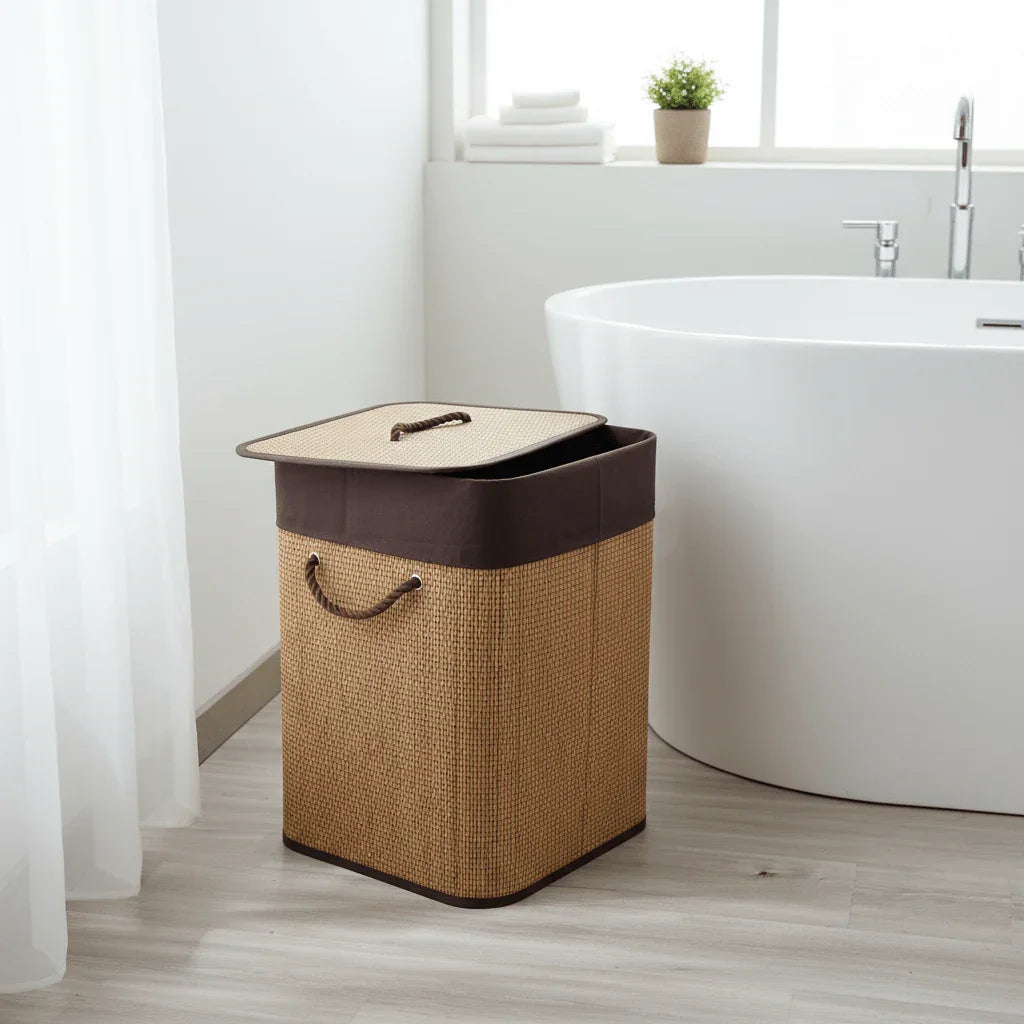 Cesta Portabiancheria in Bambù Rettangolare con Coperchio e Sacca in Tessuto - Punto Casa