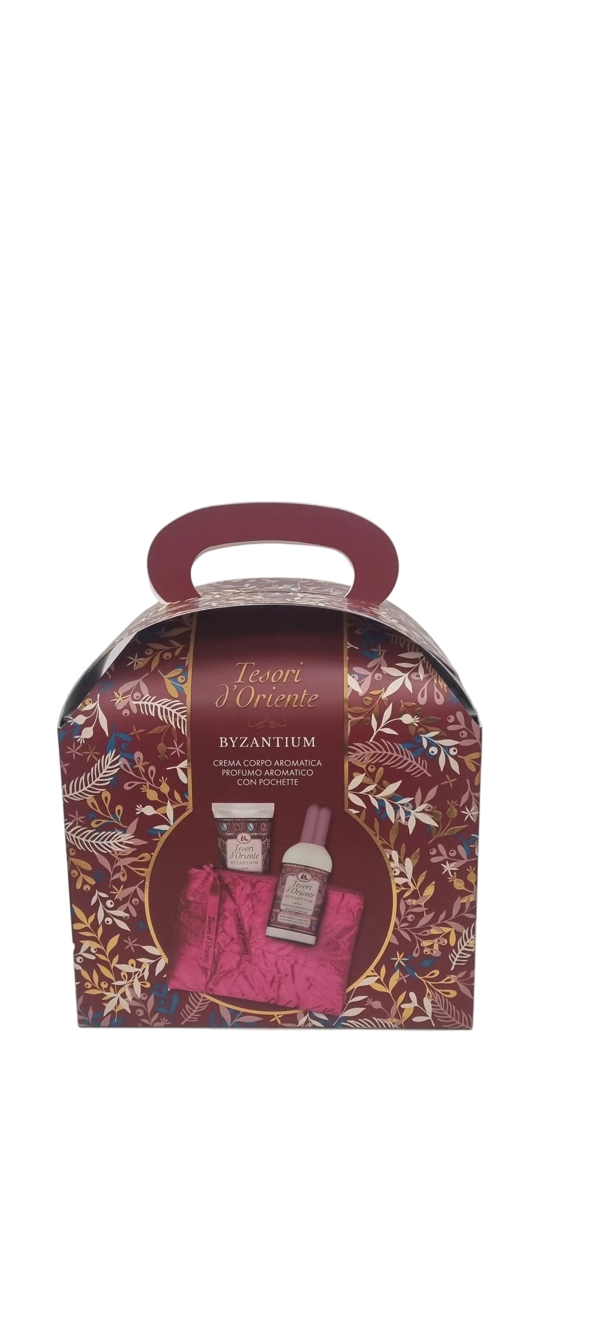 Confezione regalo Tesori d'Oriente Byzantium con crema corpo, profumo e pochette, ideale per dono