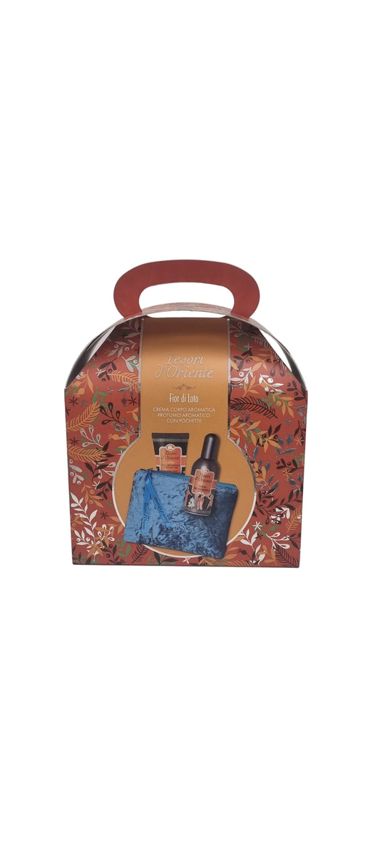 Confezione regalo Tesori d'Oriente Fior di Loto con crema corpo, profumo e pochette, ideale per dono