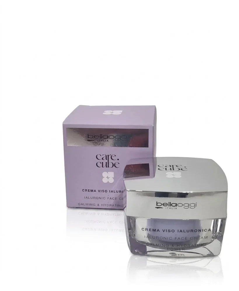 Crema viso ialuronica calming & hydrating Bellaoggi Italia in vasetto e confezione viola