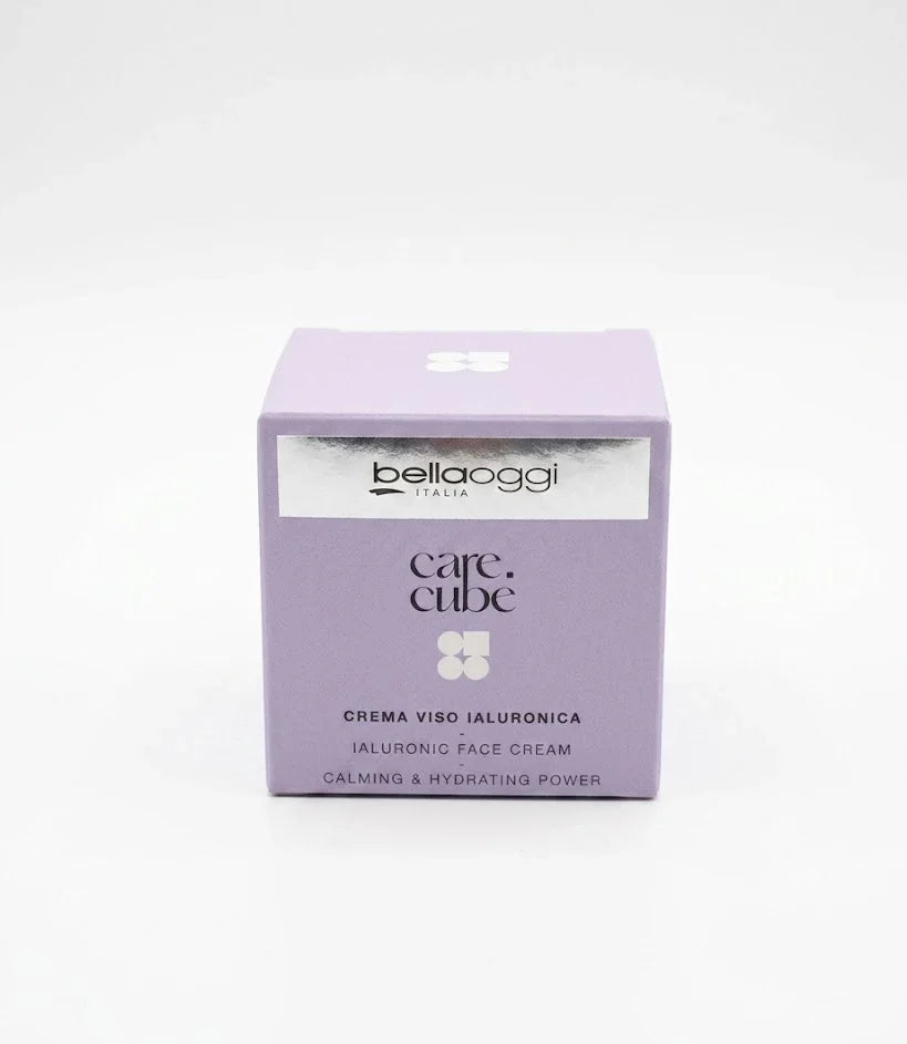 Crema viso ialuronica Bellaoggi Italia, calmante e idratante, confezione cube viola