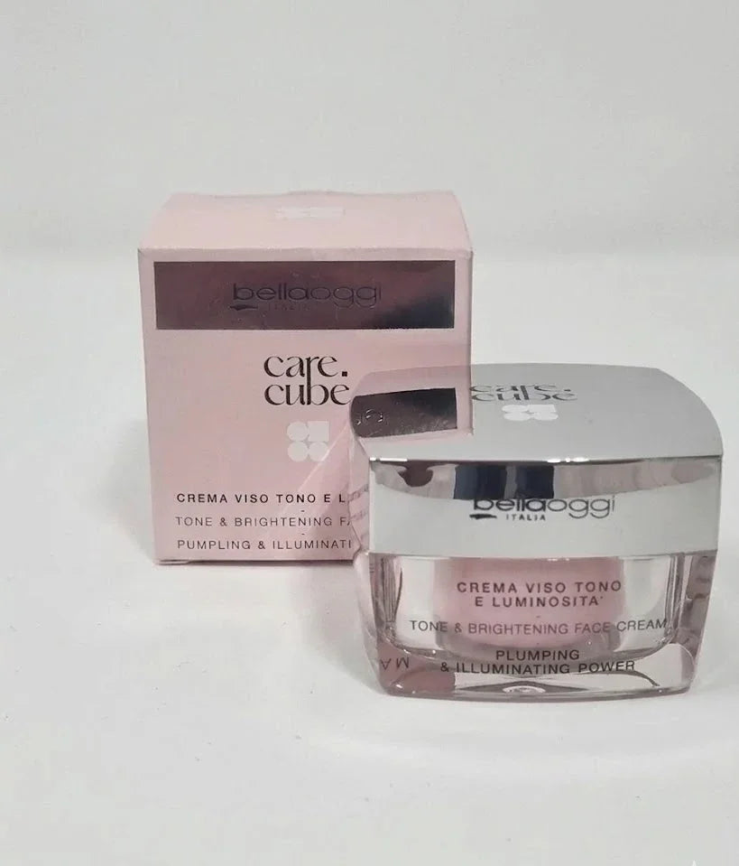 Crema viso tono e luminosità Bellaoggi Care Cube, illuminante e rimpolpante, con confezione rosa